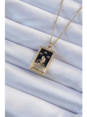 İsmiyle Al 316L Çelik Zincir Altın Renk Zirkon Taşlı Siyah Mineli Kız Figürlü Tarot Kolye
