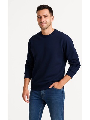 Marsilyan Üç Iplik Düz Bisiklet Yaka Sweatshirt - Lacivert