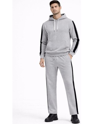 Marsilyan Şeritli Eşofman Takım Kapüşonlu Sweatshirt Boru Paça Alt, Oversize 3 Iplik Pamuklu - Gri