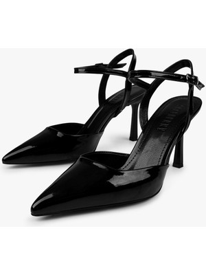 Shoeberry Kadın Lura Siyah Rugan Stiletto Ayakkabı Yüksek Topuk İnce Taban
