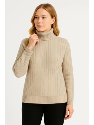 Marsilyan Balıkcı Yaka Bağazlı Triko Kazak Pamuklu Kalın Fitilli Dokuma - Bej