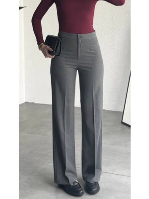Asfa Moda Kadın Antrasit Yüksek Bel Kumaş Pantolon Wide Leg Bol Paça Ofis Şık Klasik Palazzo Pantolon