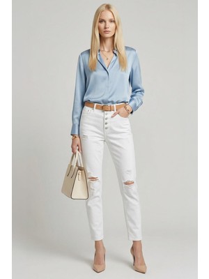 Rays 11123 Yırtık Detaylı Mom Jean Beyaz