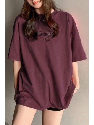 Trendseninle Kadın Bordo Bisiklet Yaka Thousand Baskılı Oversize T-Shirt