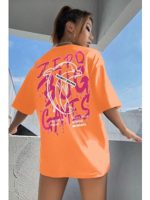 Trendseninle Kadın Turuncu Bisiklet Yaka Games Baskılı Oversize T-Shirt