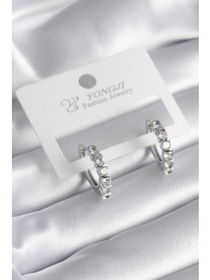 İsmiyle Al Pirinç Gümüş Renk Zirkon Taşlı Halka Model Kadın Küpe