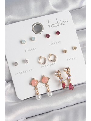 İsmiyle Al Pirinç Gold Renk Zirkon Taşlı Sallantı Inci Detay 7 Çift Kadın Küpe