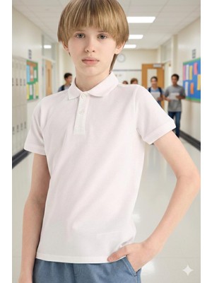 Unisex Çocuk Polo Yaka Okul Tişört Basic Kısa Kollu