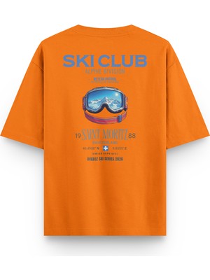 Overoz Ski Club Kayak Snowboard Sırt Baskılı Yarı Oversize Turuncu Tshirt 1409