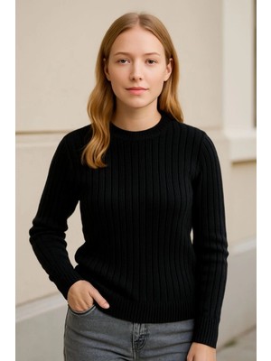 Marsilyan Bisiklet Yuvarlak Yaka Triko Kazak Pamuklu Kalın Fitilli Dokuma, Regular Fit Uzun Kollu Kışlık M