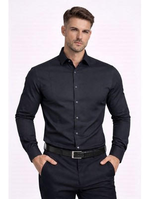 Colvis Man Erkek Siyah Pamuk Saten Slim Fit Gömlek Dar Kesim Klasik Ofis Gömleği