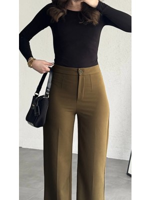 Asfa Moda Kadın Kahverengi Yüksek Bel Kumaş Pantolon Wide Leg Bol Paça Ofis Şık Klasik Palazzo Pantolon