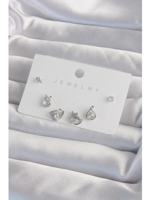 İsmiyle Al Pirinç Gümüş Renk Zirkon Taşlı Damla Model Küpe Seti