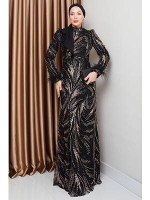 Olcay Kolu Tüy Detaylı Boncuk ve Pul Işlemeli Exclusive Tesettür Abiye Elbise Siyah 1000-M