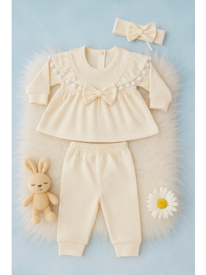 Mini Kanka Kız Bebek Fiyonklu 3’lü Takım Pamuklu Ribana Tunik Pantolon Saç Bandı Set 0-24 Ay