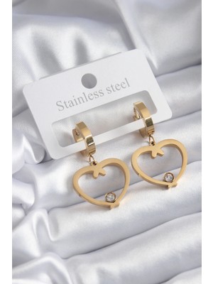 İsmiyle Al 316L Çelik Gold Renk Kalp Model Zirkon Taş Detay Kadın Küpe