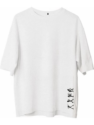 Marsilyan Bisiklet Yaka Baskılı Oversize T-Shirt - Beyaz