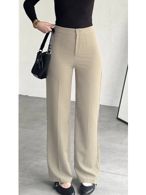 Asfa Moda Kadın Krem Yüksek Bel Kumaş Pantolon Wide Leg Bol Paça Ofis Şık Klasik Palazzo Pantolon