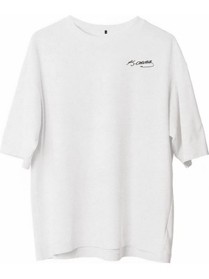 Marsilyan Bisiklet Yaka Baskılı Oversize T-Shirt - Beyaz