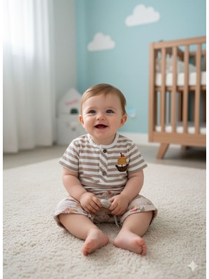 Efemkids 0/12  Ay Erkek Bebek Takım Çizgili Gömlekli Şortlu Yenidoğan Bebek Takımı Korsan Nakışlı