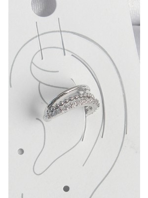 İsmiyle Al Pirinç Gümüş Renk Zirkon Taşlı 3'lü Sıralı Kadın Kıkırdak Küpe