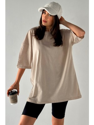 Trendseninle Kadın Düz Renk Bej Oversize T-Shirt