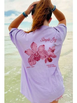 Trendseninle Kadın Lila Simple Joy Baskılı Oversize Tişört
