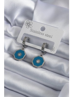 İsmiyle Al 316L Çelik Gümüş Renk Geometrik Model Zirkon Taş Detay Kadın Küpe