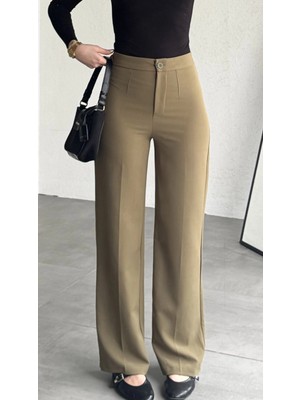 Asfa Moda Kadın Haki Yüksek Bel Kumaş Pantolon Wide Leg Bol Paça Ofis Şık Klasik Palazzo Pantolon