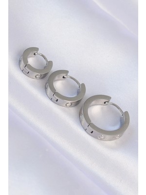 İsmiyle Al 316L Çelik Gümüş Renk Model 3lü Halka Küpe