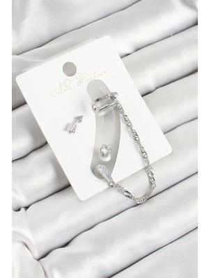 İsmiyle Al Pirinç Ok Figürlü Zirkon Taşlı Gümüş Renk 3'lü Kıkırdak Kadın Küpe Set