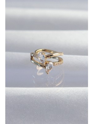 İsmiyle Al Pirinç Gold Renk Zirkon Taşlı Damla Earcuff Küpe