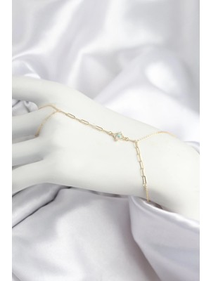 İsmiyle Al Pirinç Zirkon Taşlı Mavi Boncuklu Yonca Model Gold Renk Şahmeran