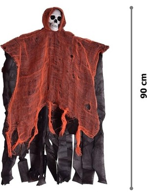 İsmiyle Al LED Işıklı Kahkaha Atan Sesli Sensörlü Ürpertici Kuru Kafa Korku Hayalet Saçaklı Dekor 90X50