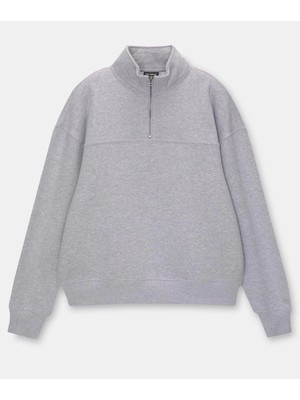 Marsilyan Oversize Yarım Farmuarlı Yakalı Basic Sweatshirt - Gri