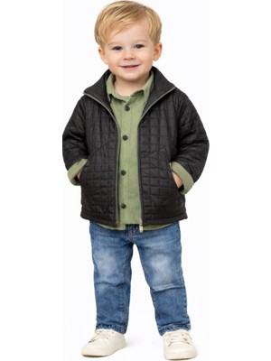 İrem Çocuk Giyim Erkek Çocuk Kapitone Montlu Uzun Kol Gömlekli Kot Pantolonlu Üçlü Yeşil Renk Şık Takım