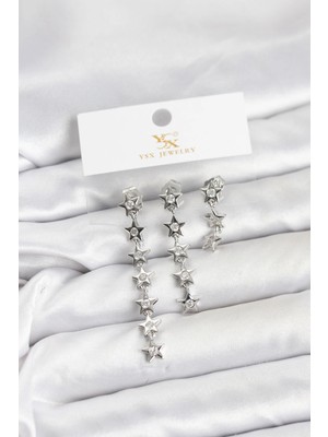 İsmiyle Al Pirinç Gümüş Renk Yıldız Model Ysx Trio Küpe Seti