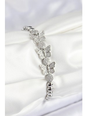 İsmiyle Al Pirinç Zirkon Taşlı Kelebek Model Gümüş Renk Kadın Bileklik