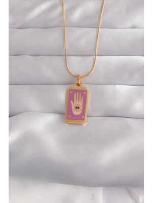 İsmiyle Al 316L Çelik Gold Renk Mor Mineli El Figür Tarot Kolye