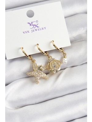 İsmiyle Al Pirinç Zirkon Taşlı Deniz Yıldızı ve Istiridye Model Gold Renk 3'lü Kadın Küpe