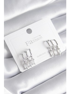 İsmiyle Al Pirinç Gümüş Renk 3'lü Sallantı Zirkon Taşlı Küpe