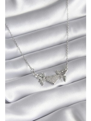 İsmiyle Al 316L Çelik Gümüş Renk Zirkon Taşlı Kanat Kalp Model Kadın Kolye