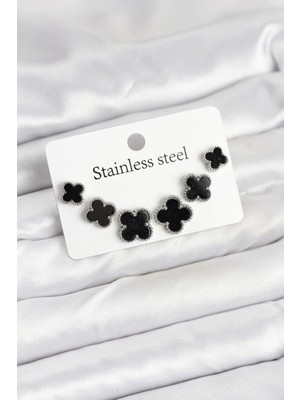 İsmiyle Al 316L Çelik Gümüş Siyah Renk 3 Boy Yonca Küpe Seti