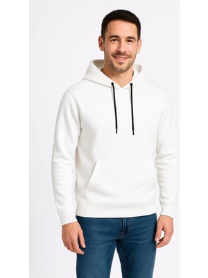 Marsilyan Üç Iplik Kapüşonlu Kanguru Cepli Sweatshirt Hoodie - Beyaz