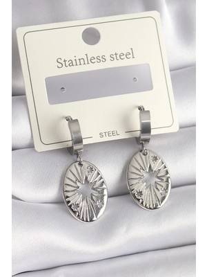 İsmiyle Al 316L Çelik Gümüş Renk Kutup Yıldızı Işleme Kadın Küpe