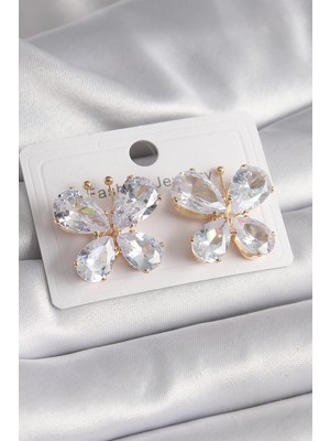 İsmiyle Al Pirinç Gold Renk Zirkon Taşlı Kelebek Model Kadın Küpe