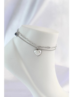 İsmiyle Al 316L Çelik Gümüş Renk Beyaz Kalpli 2li Halhal