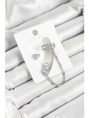 İsmiyle Al Pirinç Üçgen Figürlü Zirkon Taşlı Gümüş Renk 3'lü Kıkırdak Kadın Küpe Set