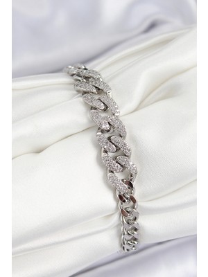 İsmiyle Al Pirinç Zirkon Taşlı Küba Zincir Model Gümüş Renk Kadın Bileklik