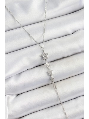 İsmiyle Al Pirinç Zirkon Taşlı Sıralı Yıldız Figürlü Y Model Gümüş Renk Kadın Kolye